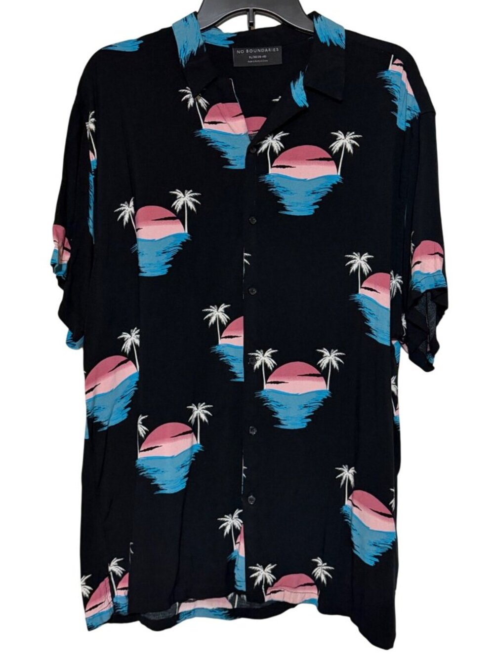 No Boundaries Button-Down Shirt w/Black & Pink-Blue Tropical Print Men's Size XL
